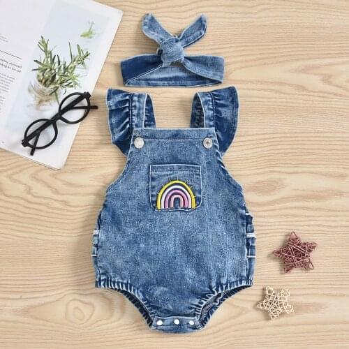 2021summer New Toddler Infant Girls Denim Rainbow Print Romper with Headband Kids Jumpsuits Baby Girl Cowboy Rompers 1-3 Years