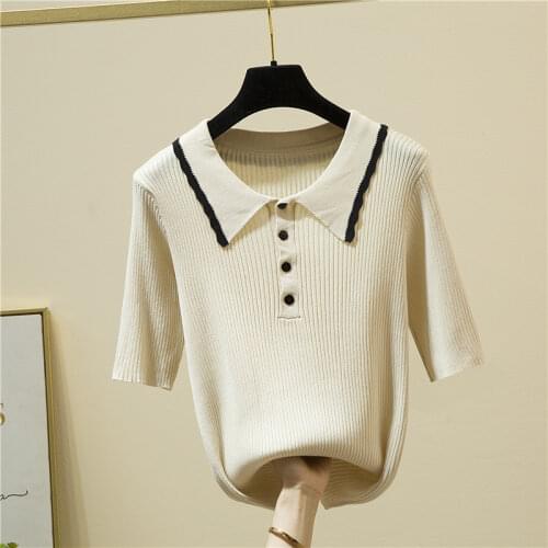 Summer Thin Knitted Tshirt Women Korean Fashion Tops Button Turn Down Collar T Shirt Casual Slim Ice Silk Knit Tee Shirt Female