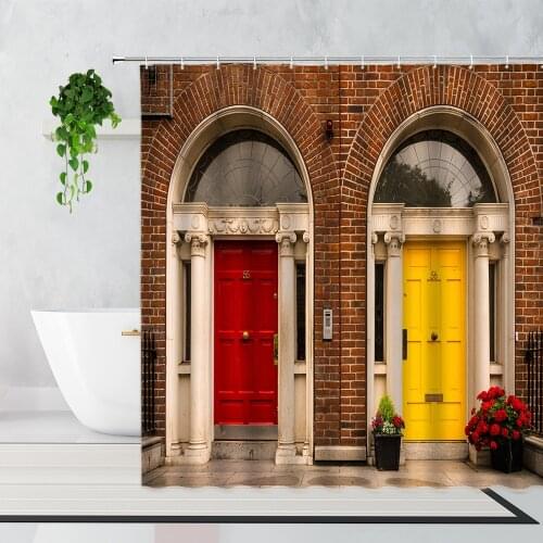 European Retro Arched Building Door Shower Curtains Brick Wall Flowers Plants Garden Decoration Bathroom Bath Curtain With Hooks