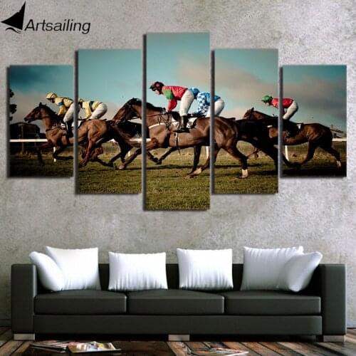 5 Piece Canvas Art Horse Racing Painting HD Printed Rider Grassland Wall Pictures Modular Framed Painting Home Decor NY-7048A