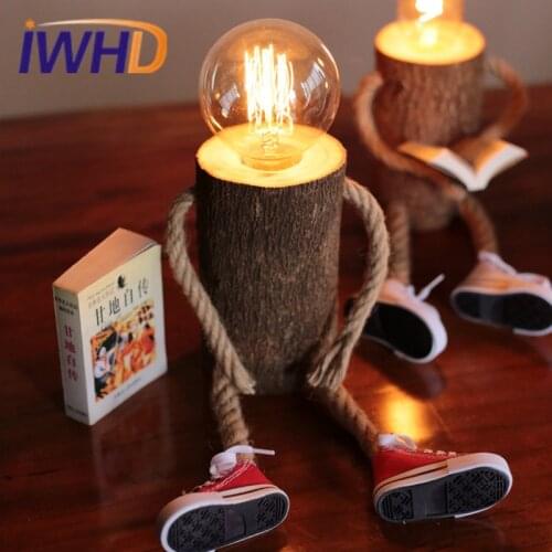 Creative Wooden Hemp Rope Desk Lamp Cute Kids Table Lamp Fixtures For Home Lightings Study Room Cafe Bar Luminaria De Mesa