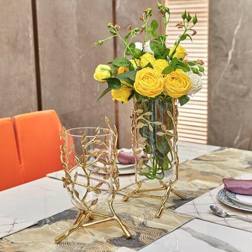 Luxtry Wedding Terrarium Decoration Home Living Room Golden Glass Vases for Flower Arrangements Gift Brass Stretched Leaf Vases