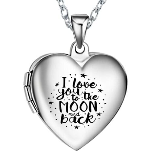 Stainless Steel I love you to the moon and back Photo memory locket Heart Pendants Necklace pictures locket Jewelry for Women