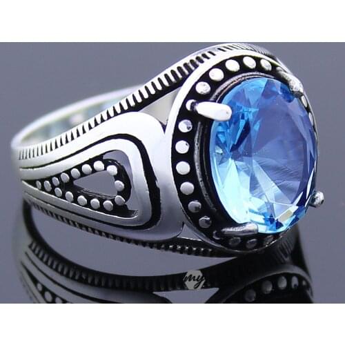 Solid 925 Sterling Silver Blue Topaz Stone Mens Ring
