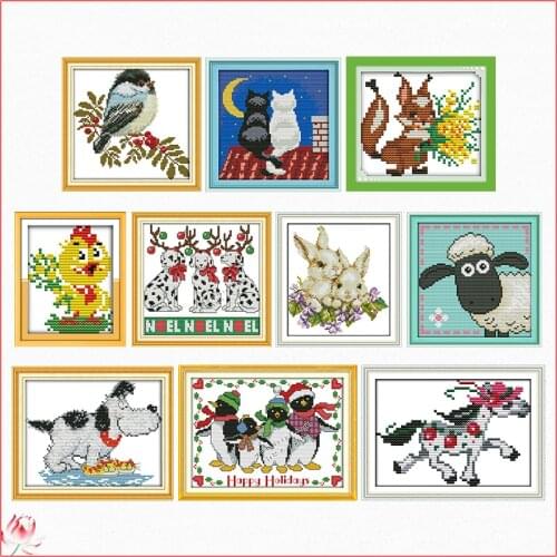 Joy Sunday Cute Animals Pattern Count DIY 14CT 11CT Cross Stitch Kits Printing Handmade Canvas Fabric Little Sheep Embroidery