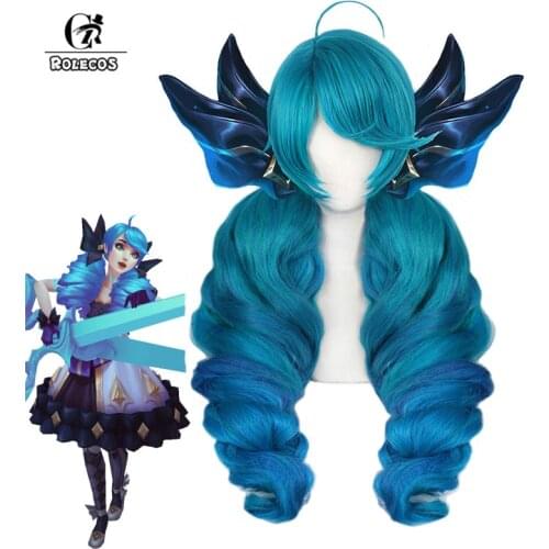 ROLECOS LOL Gwen Cosplay Wig Game LOL Gwen Cosplay Wig Women Headwear Blue Long Wavy Hair Synthetic Hair Heat Resistant Wig