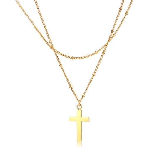 Simple Trendy Cross Double-layer Necklace Stainless Steel classic Gold Color Pendant Necklace Charm Necklace