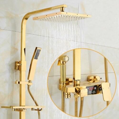 Luxury Gold Thermostatic Shower Faucets Bathroom Brass Shower bathtub Faucet Mixer Tap Wall Mounted Hand Held digital Screen