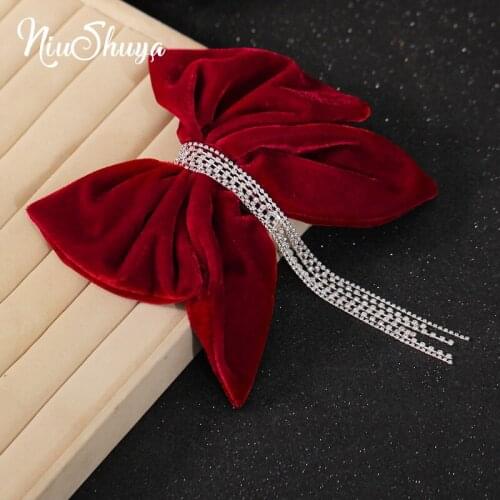 NiuShuya Korean Style Red Bowknot Hairpins for Women Long Tassel Rhinestones Crystal Hair Accessories Weddings Jewelry