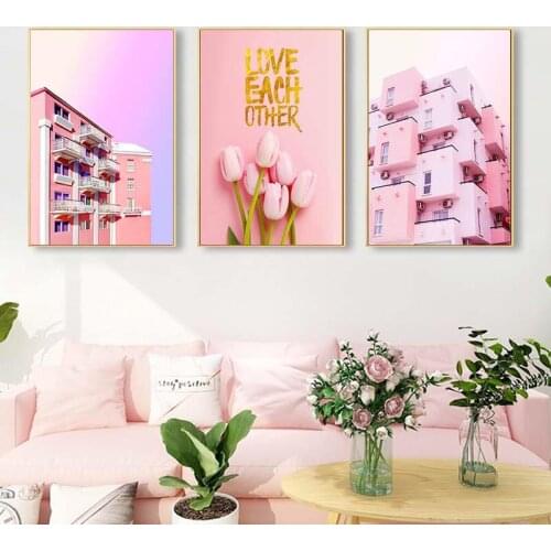Modern Pink House Landscape and Tulip Wall Art Poster Prints Canvas Paintings Nordic POP Canvas Pictures for Living Room Decor