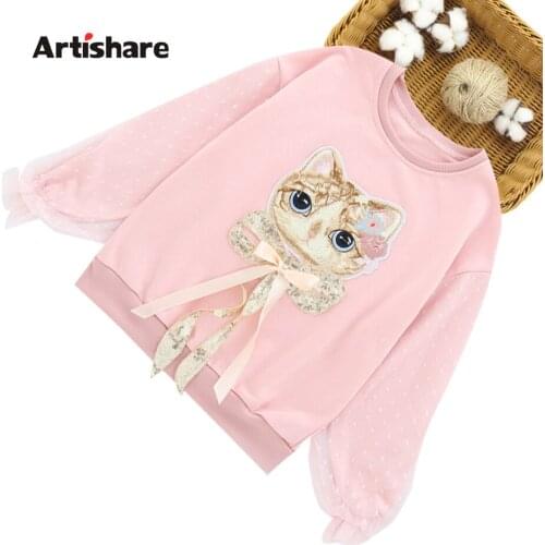 "Hoodies For Girls Cartoon Sequin Sweatshirt Teenage Long Sleeve Round Neck Pullover Baby Girl Loose Undershirt "