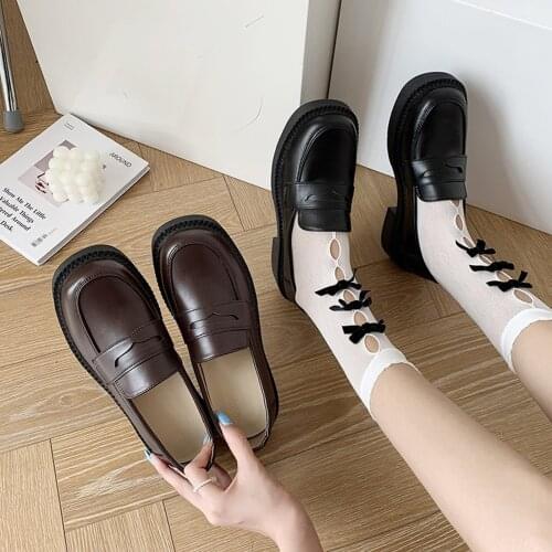 Small Leather Shoes Womens Shoes New 2021 Retro Summer Loafers Thick Heels Fashion Flat Ladies