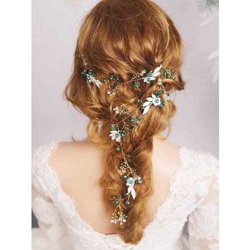 Bohemian Green Crystal Bridal Headband Flower Handmade Wedding Hair Accessories Prom Party Girls Hair Vine Jewelry