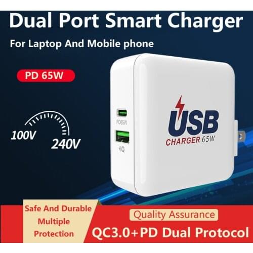 For macbook Charger Adapter 65W PD Fast Charge Travel Portable Type-c Charger For iPhone X XS 11 12 Huawei QC3.0 US plug