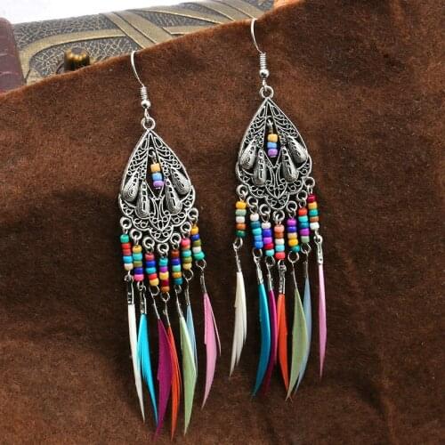 Hippie Womens Geometric Alloy Long Tassel Dangle Earrings Colorful Feather Dangle Earring Fashion Bohemian Boho Jewelry Gifts