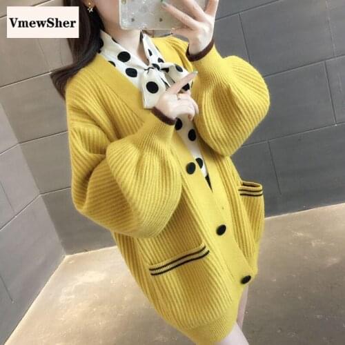 VmewSher New Autumn Winter Women Cardigan Long Sleeve Strip Pockets Single Breasted V-neck Knitwear Elegant Fashion Sweater Coat