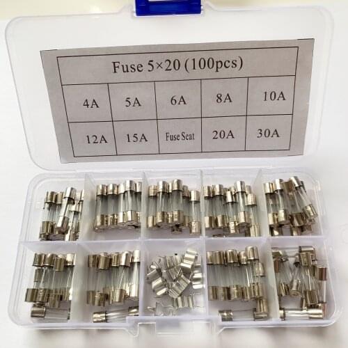 100 pcs / set of 5x20 mm fast blow fuse kit, various specifications, 4A 5A 6A 8A 10A 12A 15A 20A 30A fuse seat 10pcs each