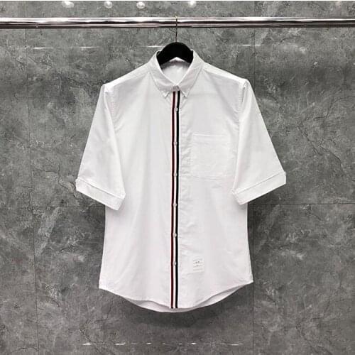 2021 Fashion TB THOM Brand Shirts Men Slim White Short Sleeve Casual Shirt Oxford Middle Striped Cotton Summer Mens Clothing