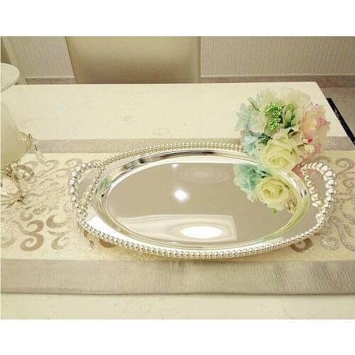 43*27cmOval silver plated metal serving tray with beads silver tray candy dishes storage tray for home organization FT025