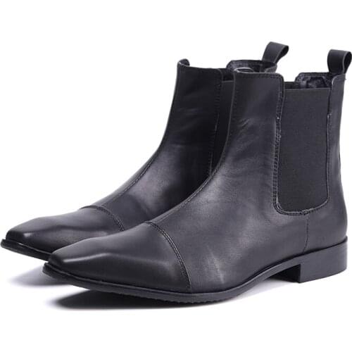 Winter Chelsea Boots Men Black Genuine Leather Slip On Botas Hombre Pointed Toe Comfortable Waterproof Ankle Boots Long Shoes