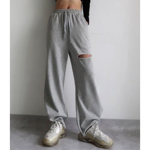 Street Trend High-waist Wide-leg Pants Women 2021 European Womens Loose Torn Casual Harem Pants Mopping Cotton Trousers QS85