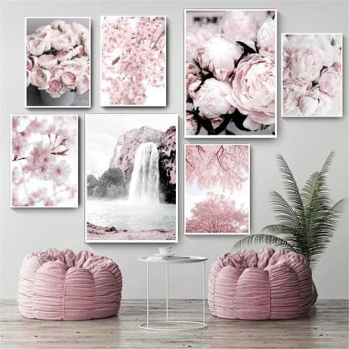 Blossoms Cherry Flower Wall Art Canvas Painting Pink Rose Peony Poster Mountain Nordic Print Wall Pictures For Living Room Decor