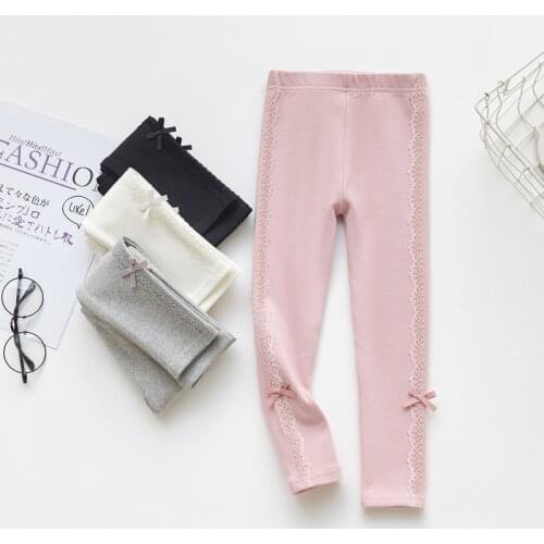3-8 Y Toddler Girls Leggings 2021 Spring New Kids Solid Cotton Trousers Fashion Soft Lace Bow-knot Skinny Pants For Baby Girls