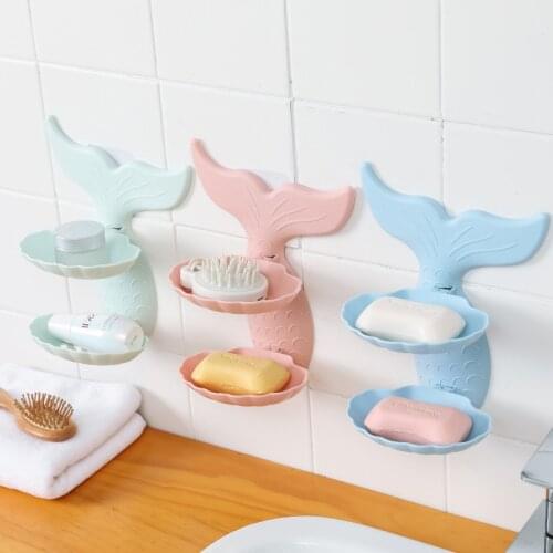 Mermaid Shape Double Layers Bathroom Shower Soap Holder Draining Soap Box Sucker