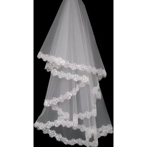 White And Ivory Tulle Cusotm Wedding Veil For Sale Fashion Sequins Edge Bridal Veil Cheap
