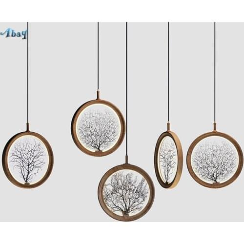 Chinese Style Minimalist Wooden Round Led Pendant Light Living Room Decoration Hanging Lights Vintage Loft Dining Room Wood Lamp