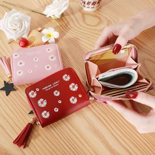 Womens Wallet Cute Student Tassel Pendant Short Wallet Simple Zipper Small Daisy PU Wallet Coin Purse Ladies Card Bag for Women