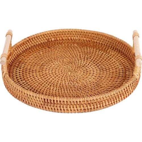 Rattan Storage Tray, Round Basket with Handle, Hand-Woven, Rattan Tray Wicker Basket Bread Fruit Food Breakfast Display L