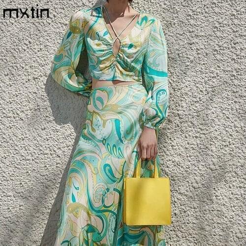 MXTIN 2021Women Fashion Print Short Blouses Vintage V Neck Long Sleeve Beach Style Female Shirts Blusas Casual Sexy Tops