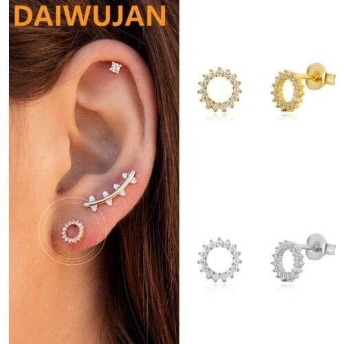 DAIWUJAN 925 Sterling Silver Full Diamond Earrings Gold Sunflower Zircon Stud Earrings For Women Piercing Cartilage Jewelry