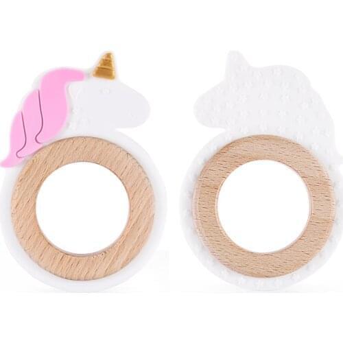 Chenkai 5PCS Unicorn Silicone Wooden Teether Pendant BPA Free For DIY Baby Infant Smoothing Sensory Pacifier Toy Accessories