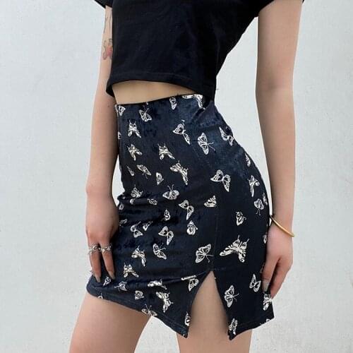 Butterfly Print Girls Split Half Skirt Gothic Black Miniskirt Womens Dark Academic Aesthetic Short Skirt Hip Wrap Short Skirt