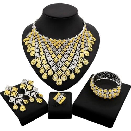 Yulaili Fashion High Quality Square Crystal Necklace Bracelet Earrings Ring for Women Zircon Wedding Jewelry Sets