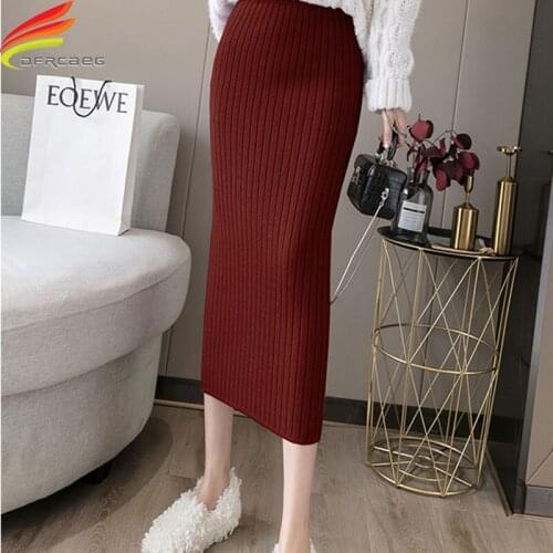 New 2020 Autumn Winter Thicken Knit Skirt Women High Elastic Waist Rib Long Skirt High Waisted Ladies Skirts Casual faldas