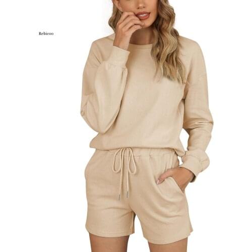 2Pcs Women Pajama Sets Autumn Long Sleeve O-Neck Tops+ Elastic Waist Shorts Sets Casual Homewear