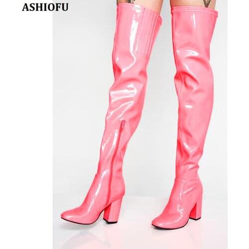 ASHIOFU Handmade New Ladies Chunky Heel Boots Sweet Party Prom Thigh High Boots Evening Dance Fashion Long Boots Shoes