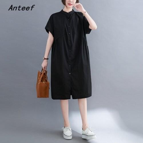 Short sleeve cotton vintage dresses for women casual loose midi woman summer shirt dress elegant clothes 2021 sundress