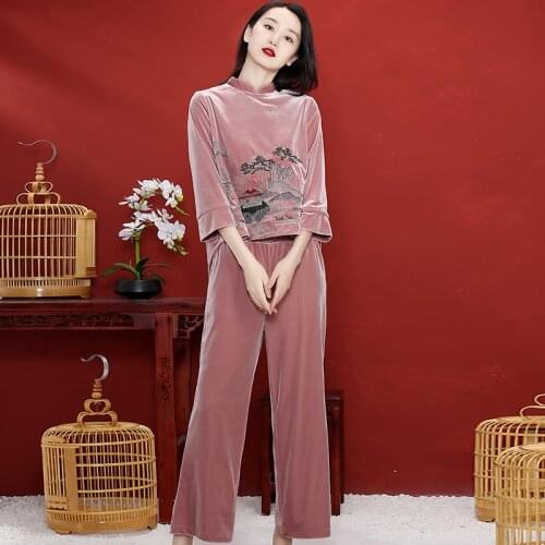 Large size Chinese style suit women autumn and winter retro velvet embroidery ethnic jacket wide leg pants two-piece suit S-2XL