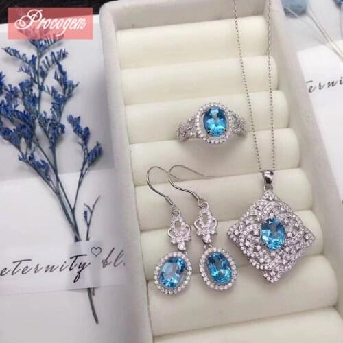 Natural Blue Topaz Jewelry sets for women girls Genuine Gemstones with zircon Beautiful Necklace Ring Earrings S925 silver #240