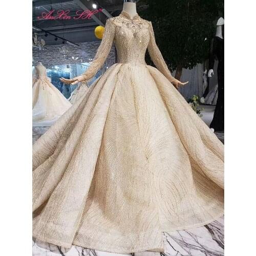 AnXin SH Luxury princess champagne lace high neck beading crystal illusion long sleeve sparkly wedding dress 100% real photos
