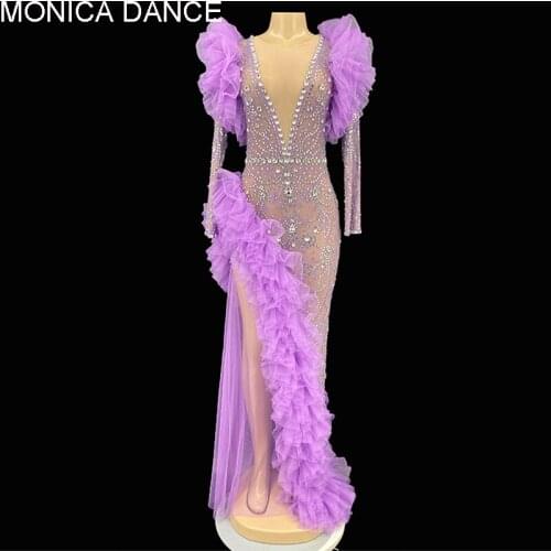 Women Sexy Stage Silver Rhinestone Purple Mesh Transparent Long Dress Birthday Celebrate Outfit Evening Women Dancer Stage Dress