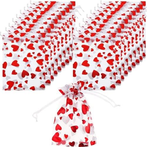 100pcs/set Bundle Mesh Bag Valentines Day Love Printed Color Gift Mesh Bag Wedding Birthday Party Biscuit Baking Packaging Bag