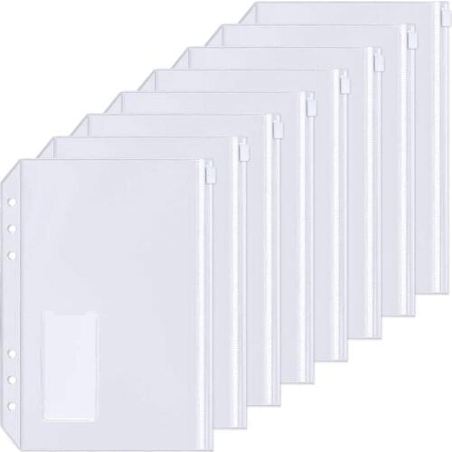 A5 A6 Cash Money Binder Pockets 6-Hole Punched Zipper Binder Pocket with Plastic Zipper Label Pocket for 6-Ring Notebook Binder