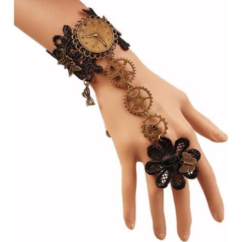 Newest Arrival Fashion Lace with Nice Butterflies Finger Linked Gothic Steampunk Gears Bracelet