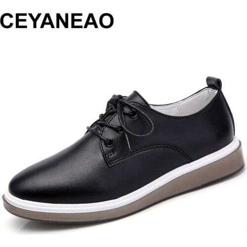 CEYANEAO Women Flats Shoes Fashion Korean White Shoes Genuine Leather Lace Up Womens Casual Shoes Oxford Shoes LoafersAE1199