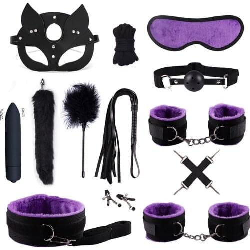 Exotic Sex Products Adult Game Bondage Set BDSM Kit Handcuffs Sex Toys Whip Tail Plug Female Accessories